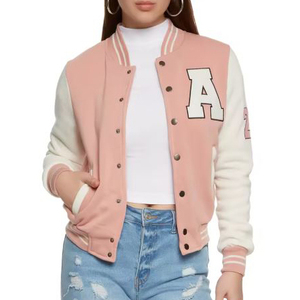 Chaqueta Universitaria Rosa y Blanca con Bordado de la Letra A, Cierre de Botones, Corte Regular, Estilo Preppy, Ropa de Otoño - Product Image 1