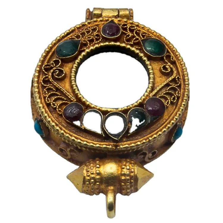 Precious Stone Embedded Gold Plated Round Tibetan Ghau Pendant