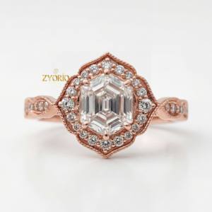 Anillo de Compromiso con Diamante Cultivado en Laboratorio Hexagonal, Estilo Moderno con Detalles, Oro Sólido de 14K/18K, Regalo de Boda, Joyería para Fiestas - Product Image 3