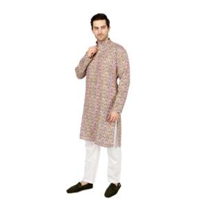 Kurta de Manga Larga Estampada Multicolor para Hombre con Bordado de Seda Dola Peach Marca-TMEN02-01-S - Product Image 4