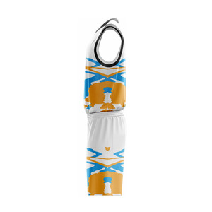 Conjunto de Uniforme de Baloncesto Sublimado Personalizado, Cuello en V, Sin Mangas, Absorbente de Humedad, Jersey y Pantalones Cortos Unisex para Equipo, Blanco, Azul y Dorado - Product Image 6