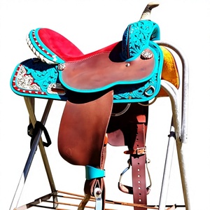 Silla de montar de lujo de cuero genuino turquesa con grabado, logotipo personalizado, producto de alta calidad y duradero para carreras, estilo Western, inglés y trail. - Product Image 1