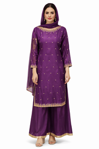 Salwar Kameez en soie violette avec broderies dorées et perles pour femmes, tenue traditionnelle indienne et pakistanaise pour mariage - Product Image 1