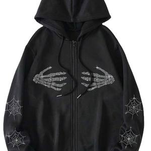 Sweat à capuche homme en molleton bouclette coupe oversize et carrée sans cordon de serrage, avec strass, respirant, écologique, délavé à l'acide, zippé, pour l'automne - Product Image 1