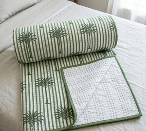 Green Palm Tree Print Cotton Kantha <b>Quilt</b>-Fluffy Organic Eco-Friendly Luxury Winter Hand-Stitched Hand Block Printed Hotel Use - Product Image 6