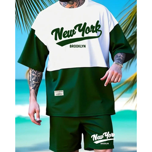 Conjunto de Camiseta de Algodón Tejido para Hombre con Pantalones Cortos de Baloncesto con Estampado Digital, Cuello Redondo, Manga Corta, Atuendo Casual de Verano - Product Image 2