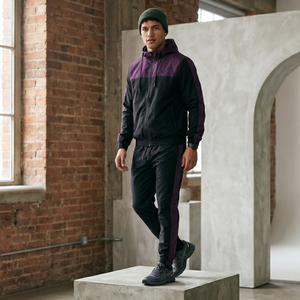 <b>Men's</b> Purple Black Color Block Hooded Tracksuit Set Windproof Sporty Full Sleeve Autumn Activewear Regular Fit Zipper Closure - Product Image 2