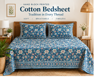Juego de Sábanas de Algodón Estampadas a Mano, Diseño Floral Azul Verdoso con Paisley, Incluye Fundas de Almohada, Estilo Boho Indio - Product Image 1