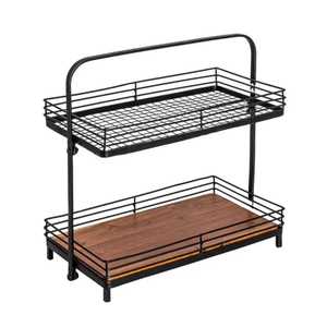 Portable 2 Tier Black Metal <b>Wire</b> Spice <b>Rack</b> Countertop Storage Basket with Wooden Tray Handle Kitchen Organizer - Product Image 1