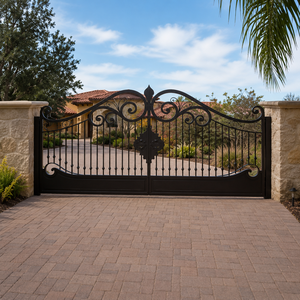 Elegante puerta doble de entrada de hierro forjado negro con decoración floral central y diseño de pilar de piedra. - Product Image 6