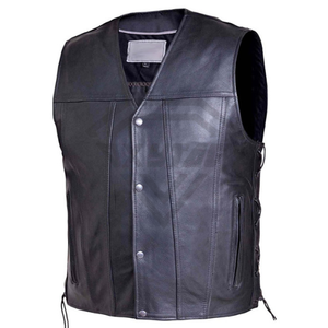 Chaleco de cuero negro personalizado para hombre, estilo motociclista, con cierre frontal a presión y cordones laterales, para club, ropa exterior, chaqueta sin mangas de cuero genuino. - Product Image 1