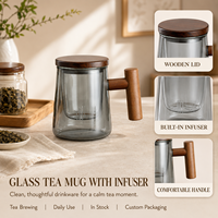Tasse à thé en verre sans plomb vert à haute teneur en bore de 440ml avec poignée couvercle en bois filtré soucoupe élégante pour les amateurs de thé