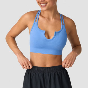 Sujetador deportivo para mujer con tirantes cruzados en la espalda, almohadillas extraíbles ajustables, cuello en V profundo, material acanalado, alta elasticidad, ajuste ceñido, ropa de yoga. - Product Image 1