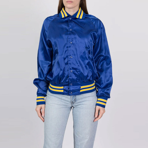 Veste en satin bleu roi vintage pour femme, col rabattu, poignets côtelés rayés jaunes, fermeture à boutons-pression, vente en gros OEM, modèle 2026 le plus vendu - Product Image 1