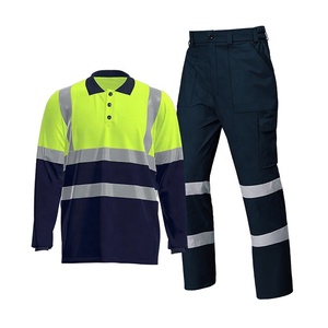 Ensemble de vêtements de travail unisexe haute visibilité, polo à manches longues et pantalon avec bandes réfléchissantes, séchage rapide, certifié CE, polyester, uniforme - Product Image 1