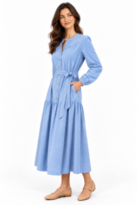 <span class=keywords><strong>Abito</strong></span> casual <span class=keywords><strong>azzurro</strong></span> a maniche lunghe con bottoni, <span class=keywords><strong>abito</strong></span> midi con cintura annodata e orlo plissettato da donna - Product Image 3