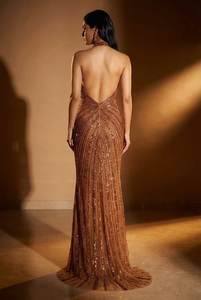 Vestido de Noche de Lujo al por Mayor en Oro Rosa con Lentejuelas, Vestido de Fiesta Formal de Sirena sin Espalda con Pedrería Pesada Hecha a Mano para Mujer OEM - Product Image 4