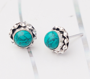 Natural Turquoise 925 Sterling <b>Silver</b> <b>Stud</b> Round Beaded Border Fine <b>Stud</b> Gemstone <b>Silver</b> Earring - Product Image 2