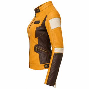 Darkry Custom <b>Womens</b> Yellow <b>Brown</b> Genuine <b>Leather</b> Racing <b>Jacket</b> Real Cowhide Motorcycle Biker Rider Sportswear Outerwear Apparel - Product Image 4