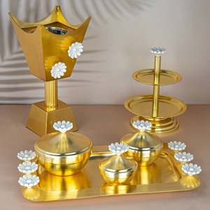 Golden Brass Incense Burner Set with Flower Decor Religious Aromatherapy Diffuser All-Season Use - Product Image 3