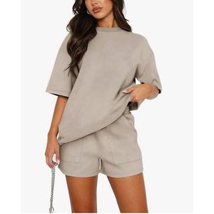 Ensemble de survêtement d'été en coton pour femme, t-shirt et short, couleur unie, manches courtes, streetwear respirant, col rond - Product Image 4