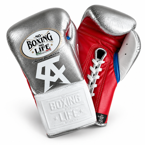 ถุงมือชกมวยคุณภาพสูง No Boxing No Life สำหรับฝึกซ้อม สีแดงเงิน หนังวัวแท้ ระบายอากาศได้ดี แบบผูกเชือก บรรจุภัณฑ์แบบกำหนดเอง สำหรับผู้ใหญ่ - Product Image 1
