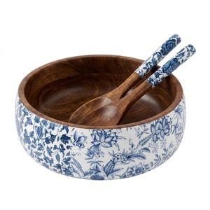 Stylish Decorative Wooden Serving <b>Bowl</b> and Spoon Set <b>Large</b> 10-Inch Enamel Coated Salad <b>Bowl</b> for Home & Hotel Supply - Product Image 3