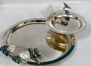 Best-Selling Floral Decorative Chip & Dip <b>Tray</b> Polished Metal Green Blue Accents Residential Use Serving Chip and Other <b>Snacks</b> - Product Image 6