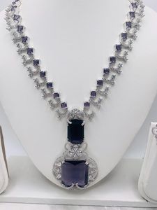 Amethyst AD Stones American Diamond Choker <b>Necklace</b> Earrings Tikka <b>Set</b> <b>Indian</b> Bollywood Bridal Jewelry Handmade Bulk Product - Product Image 3