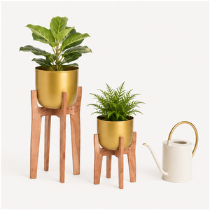 Support de Plantes Moderne en Bois avec Pot en Métal Doré de Luxe, Porte-Fleurs Décoratif Haut pour Intérieur, Salon et Bureau (Vente en Gros) - Product Image 3