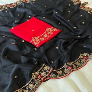 VASTRA COTTAGE Sari de seda Rangoli de alta calidad con bordado de hilo Zari y blusa bordada a juego en contraste para mujer - Product Image 2