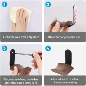 Support mural pour casque en bois de noyer avec adhésif VHB et vis, supporte jusqu'à 10 lb, produit de rangement mural en bois de noyer noir - Product Image 2