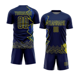 Custom Sublimated <b>Soccer</b> Jersey Set Unisex Navy Blue Yellow Moisture Wicking Short Sleeve Athletic Fit Team Name Number Front - Product Image 1