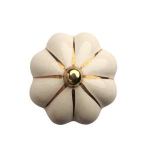 Bouton de tiroir en céramique cannelé couleur crème avec finition laiton poli, quincaillerie classique pour armoire - Product Image 1