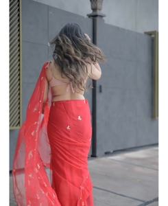 KV Cerise <b>Red</b> Chiffon Work Saree With Unstitched <b>Blouse</b> - Product Image 4
