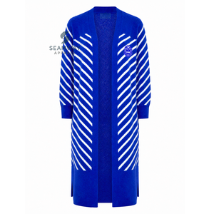 เสื้อคลุมคาร์ดิแกนยาวสำหรับผู้หญิง Zeta Phi Beta สีน้ำเงินขาวลายทาง ปลายแขนเสื้อแบบริบ มีลายปัก พร้อมช่องด้านข้าง - Product Image 1