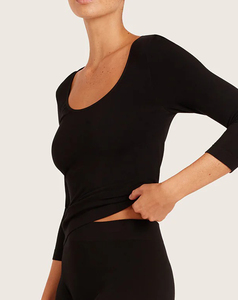 2026 Hot Sale Women's <b>Black</b> Three Quarter Sleeve <b>Crop</b> <b>Top</b> Crew Neck Regular Woven 100% Cotton Streetwear Eco-Friendly All Season - Product Image 1