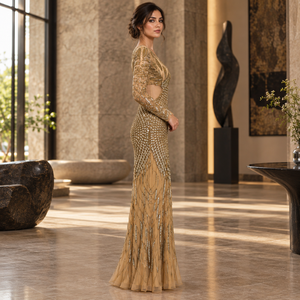 Gold Beaded Mermaid <b>Evening</b> <b>Dress</b> | V-Neck Long Sleeve Floor Length Formal Gown <b>for</b> Party <b>Wedding</b> Guest Special Occasion Elegant - Product Image 4