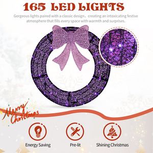 Guirlande de Noël d'intérieur pré-éclairée de 36 pouces, décoration avec nœud violet, guirlande métallique éclairée, lumières LED à télécommande, minuterie, matériau PVC - Product Image 4