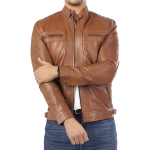 <b>Men</b> <b>Brown</b> Genuine <b>Leather</b> <b>Jacket</b> Moto Biker Style Stand Collar Zipper Closure Regular Fit Autumn Wear - Product Image 1