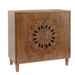 Credenza Rustica Boho con 2 Ante in Legno Massello Intagliato a Mano con Design Floreale per Soggiorno - Product Image 4