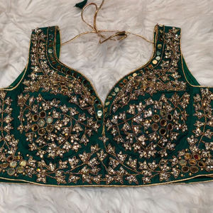 Women's Padded Emerald Green Winter Wedding Crop Top Bridal Designer <b>Blouse</b> Woven <b>Satin</b> 100% Silk Sweetheart Collar Breathable - Product Image 1