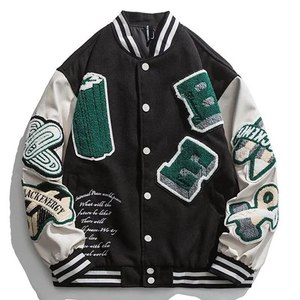 Veste de sport verte pour homme, manches blanches avec patch brodé, style preppy, col rabattu, coupe classique, vêtement d'automne - Product Image 3