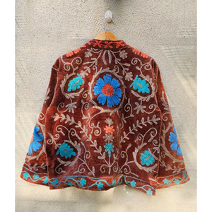 Veste en velours marron brodée Suzani, style bohème floral Kantha pour femme, col montant, coton, style hippie, cadeau pour elle - Product Image 6