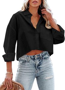 Camisa de Popelina Blanca para Mujer, Corte Crop, Manga Corta, Cuello Camisero, Ajuste Holgado, Estilo Casual, para Primavera/Verano, Uso Diario - Product Image 3
