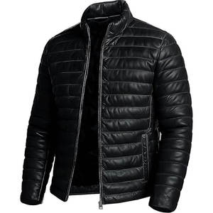 Veste en cuir PU matelassée noire pour homme, col montant, fermeture éclair, coupe-vent, veste de moto d'hiver - Product Image 5