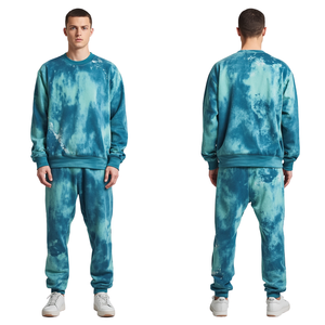 Ensemble de jogging pour homme en molleton délavé bleu sarcelle, effet usé et taches de blanchiment, style streetwear - Product Image 1