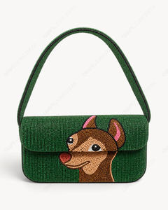 Handmade Beagle Dog Beaded <b>Shoulder</b> <b>Bag</b> Emerald Green Ivory Puppy Portrait Flap Handbag Women Wholesale OEM Private Label - Product Image 3