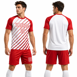 Ensemble short et maillot de football rayé rouge et blanc personnalisé, imprimé par transfert thermique, en polyester durable anti-humidité, col ras du cou, sans manches - Product Image 2