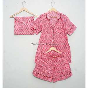 Elegante Conjunto de Pijama Indio Hecho a Mano 100% Algodón, Hermoso Estampado a Bloque, Estilo Vintage, Ropa de Dormir Corta - Product Image 5